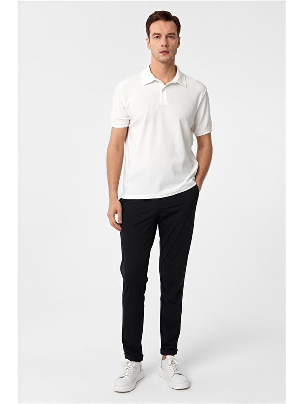 Beyaz Regular Düz Polo Yaka Tişört-5