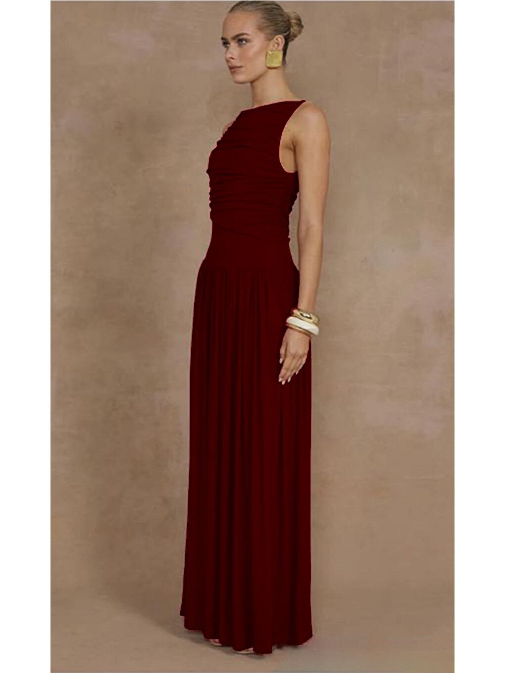 Bordo Önü Dökümlü Uzun Boy Kadın Elbise Mg2364-2