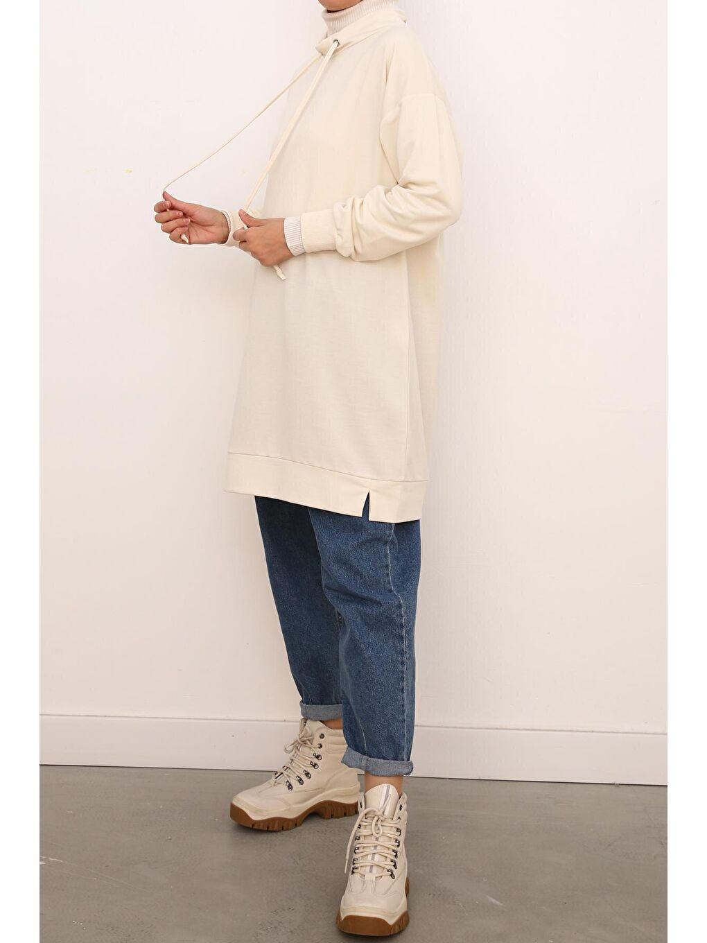 Bej Kuşgözlü Rahat Kalıp Sweat Tunik-3