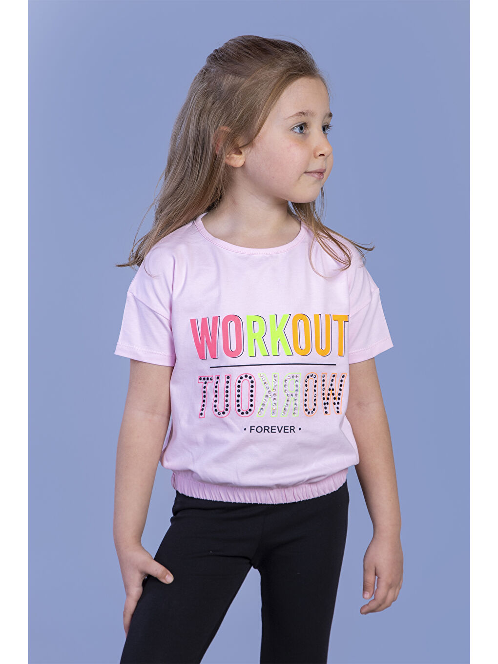 Pembe Kız Çocuk Workout Baskılı Taş İşlemeli Tişört