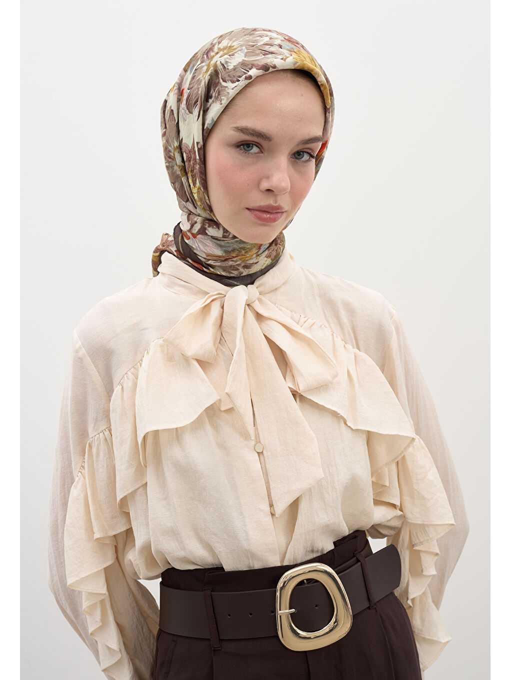 Kahverengi Jasmıne Joy Desen Pamuklu Viskon Eşarp Kahve-1