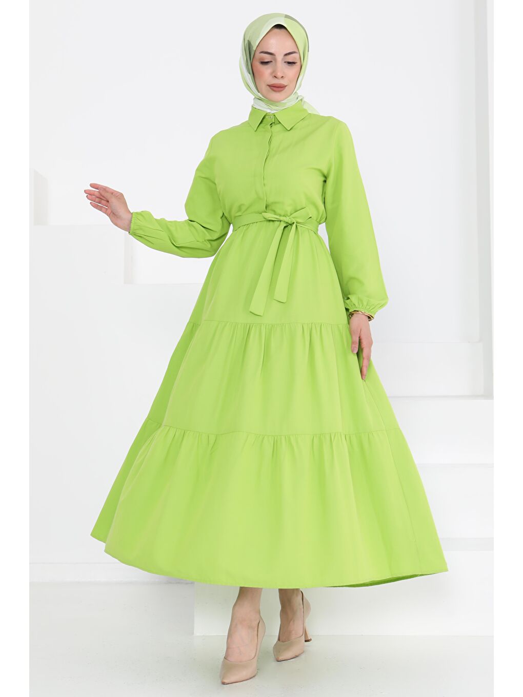 Kuşaklı Kat Kat Elbise Fistik Yeşili - 27283-1