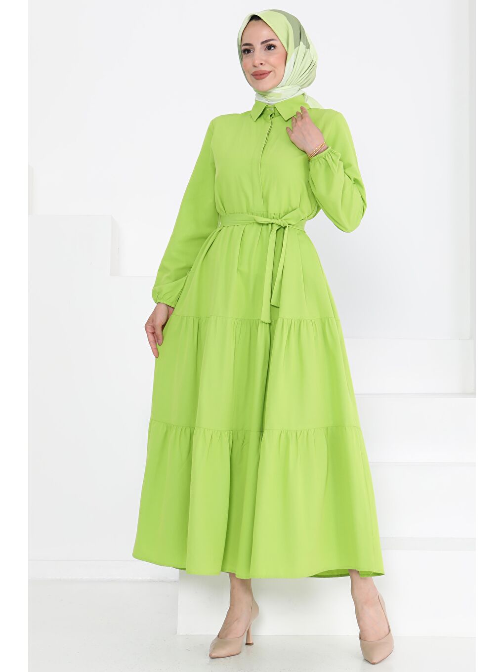 Kuşaklı Kat Kat Elbise Fistik Yeşili - 27283-2
