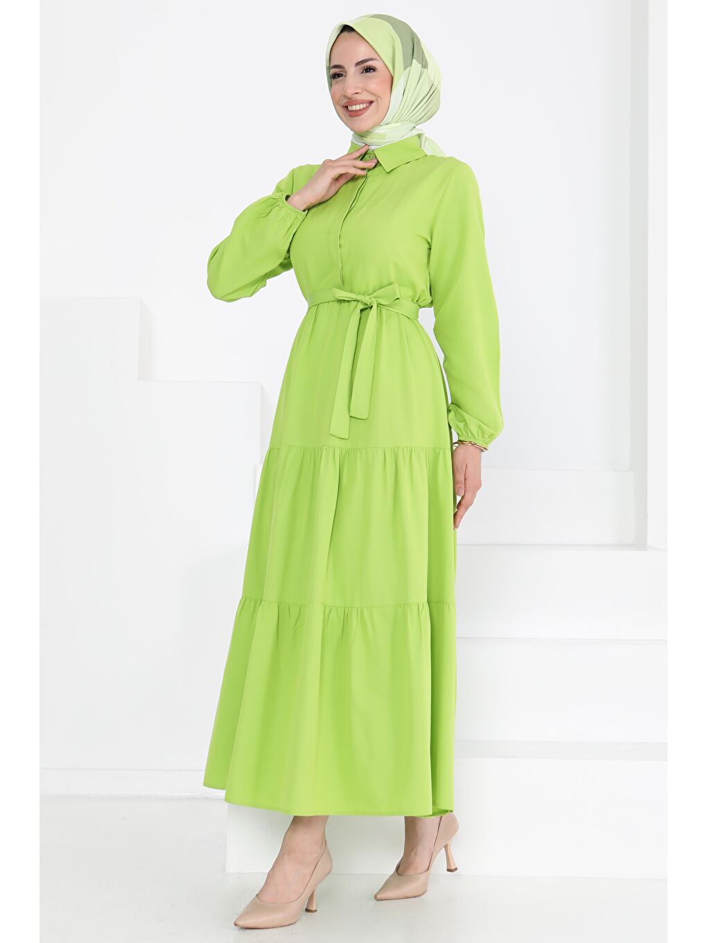 Kuşaklı Kat Kat Elbise Fistik Yeşili - 27283-3