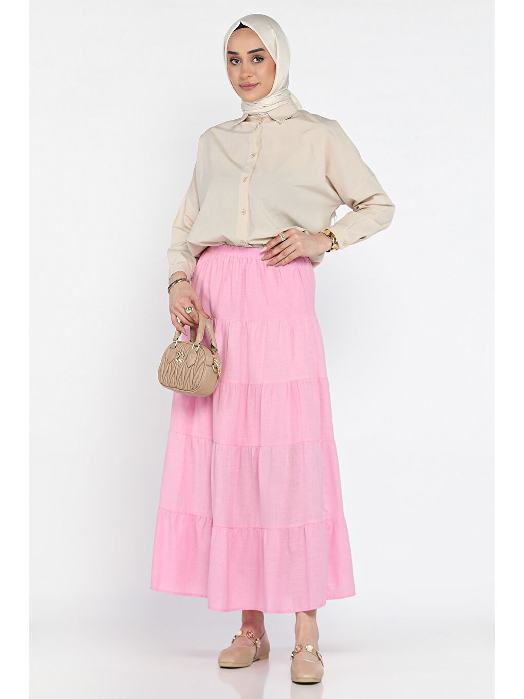Pembe Kadın Bel Lastikli Katlı Ve Pileli Tesettür Etek-3