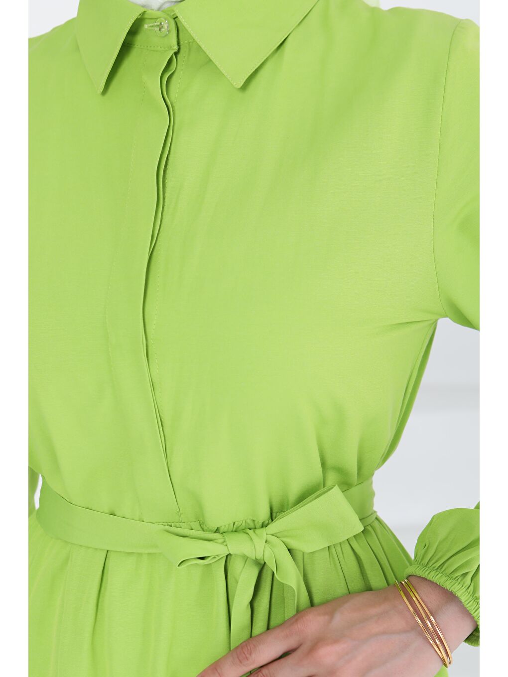 Kuşaklı Kat Kat Elbise Fistik Yeşili - 27283-4