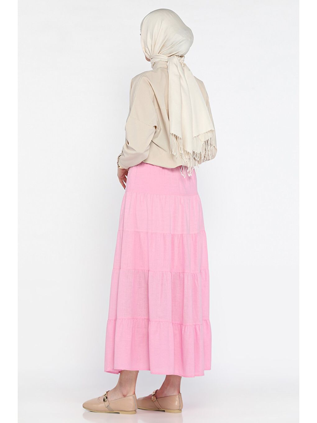 Pembe Kadın Bel Lastikli Katlı Ve Pileli Tesettür Etek-4