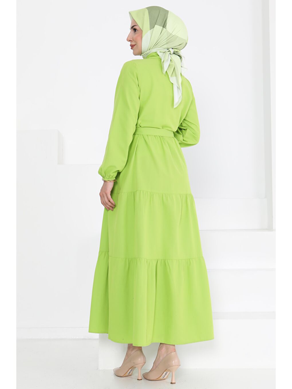 Kuşaklı Kat Kat Elbise Fistik Yeşili - 27283-5