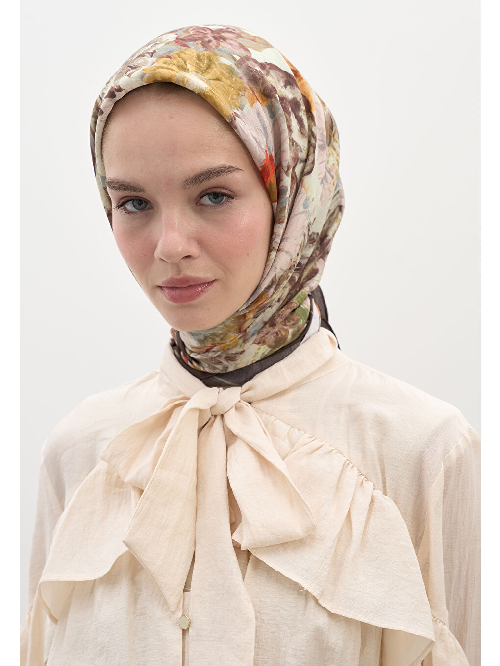 Kahverengi Jasmıne Joy Desen Pamuklu Viskon Eşarp Kahve-2