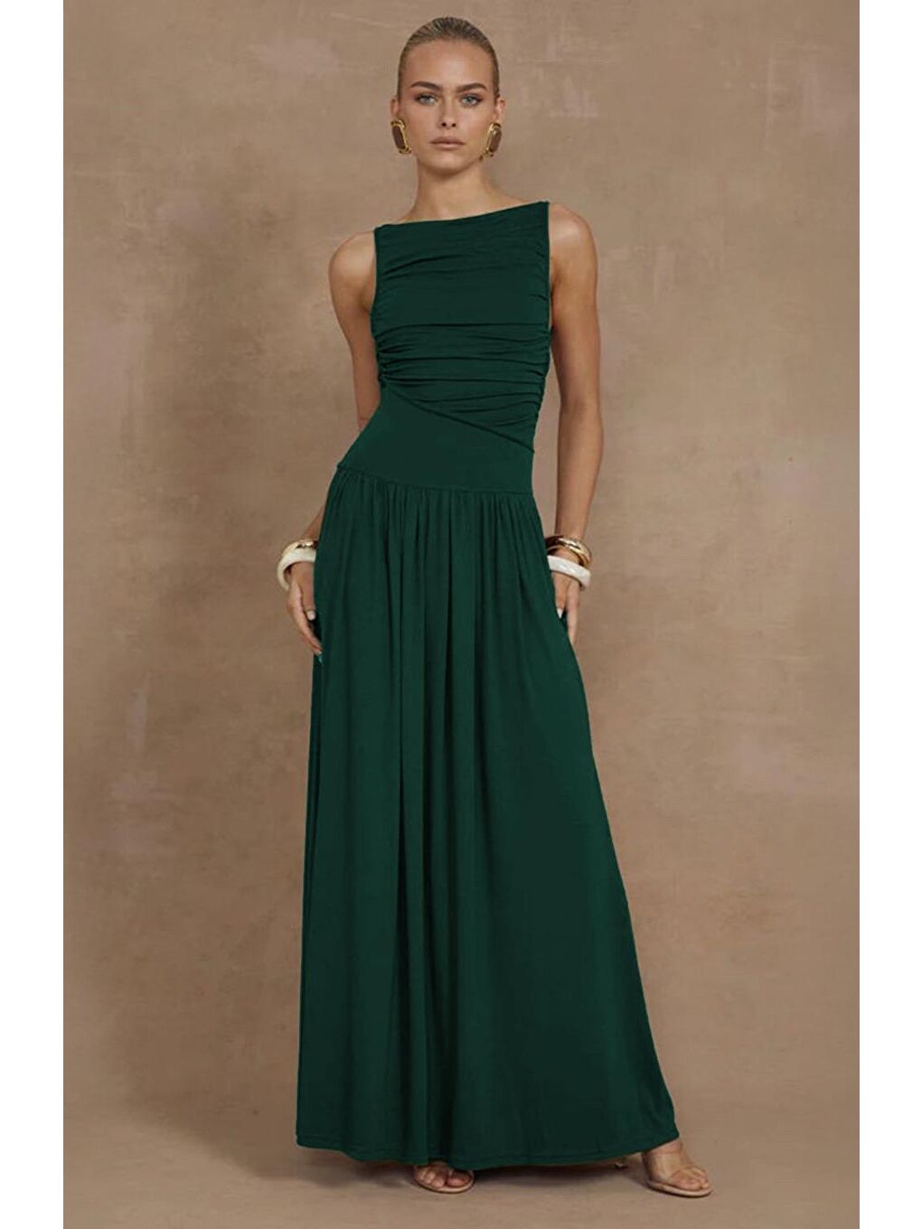 Yeşil Önü Dökümlü Uzun Boy Kadın Elbise Mg2364