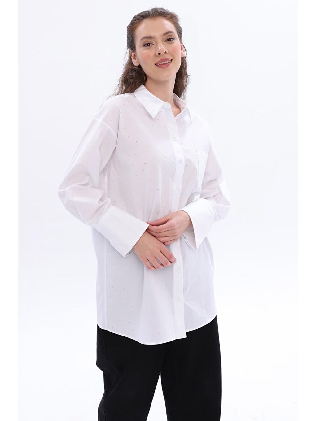 Beyaz-Pamuklu Taşlı Gömlek Tunik