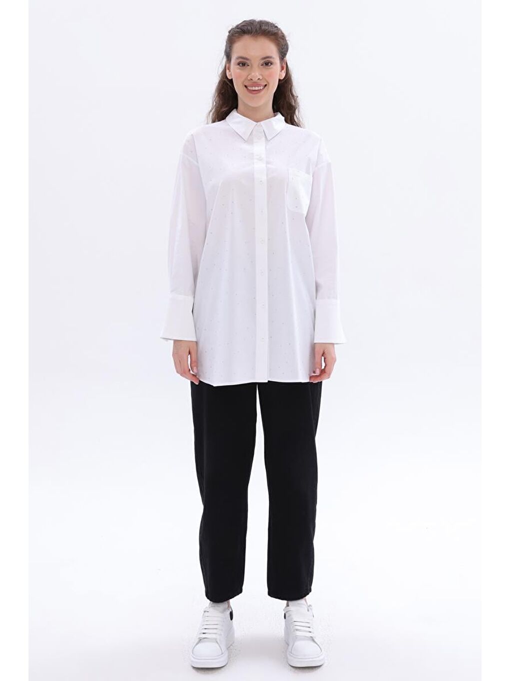 Beyaz-Pamuklu Taşlı Gömlek Tunik-1