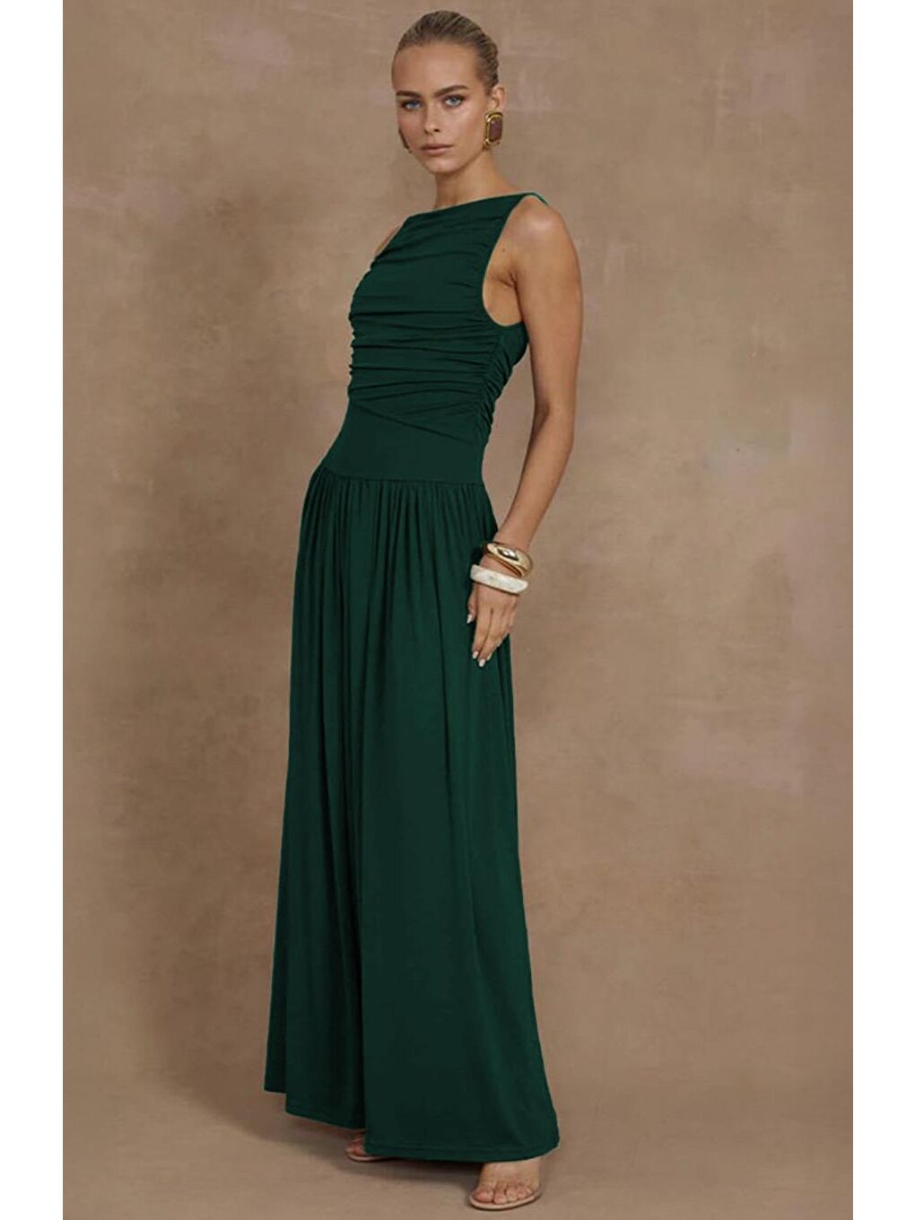 Yeşil Önü Dökümlü Uzun Boy Kadın Elbise Mg2364-3