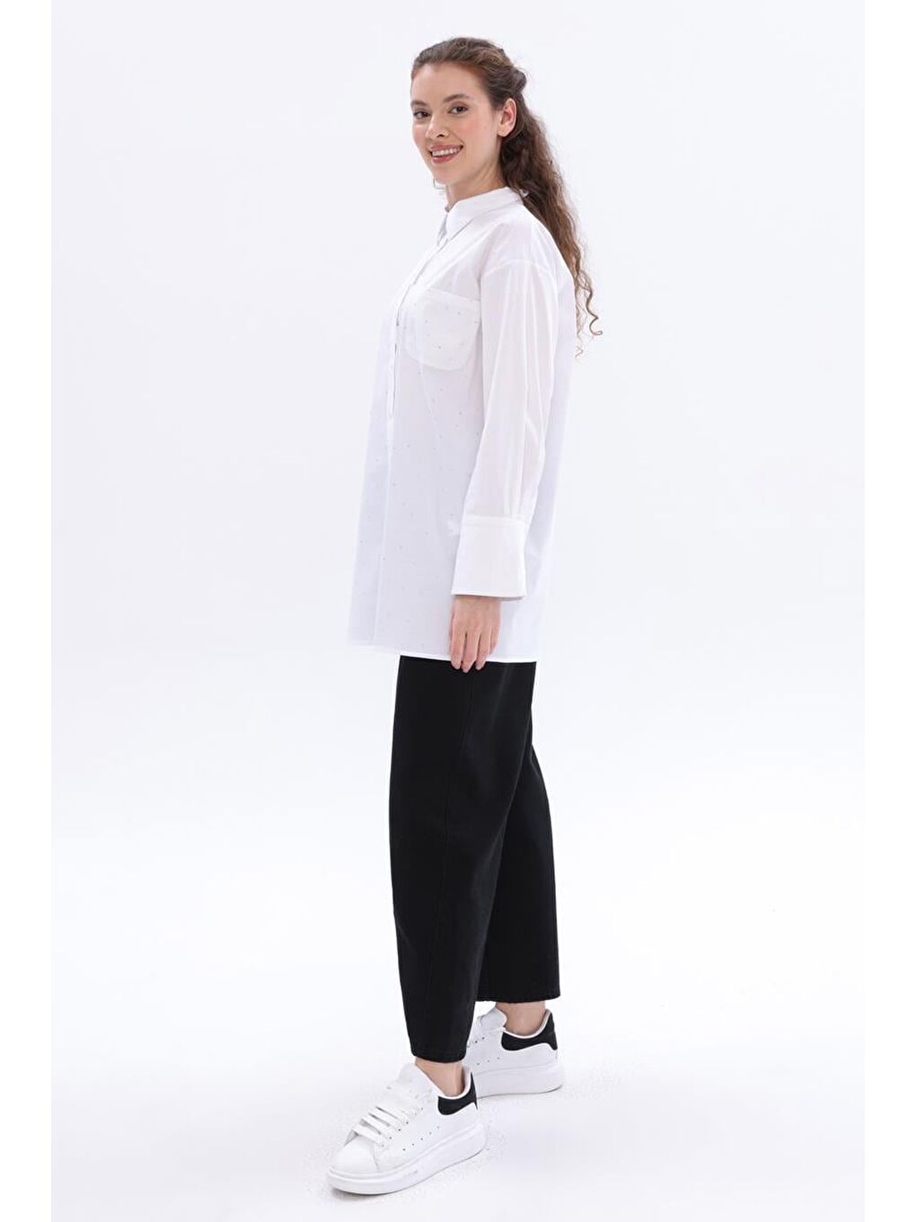 Beyaz-Pamuklu Taşlı Gömlek Tunik-2