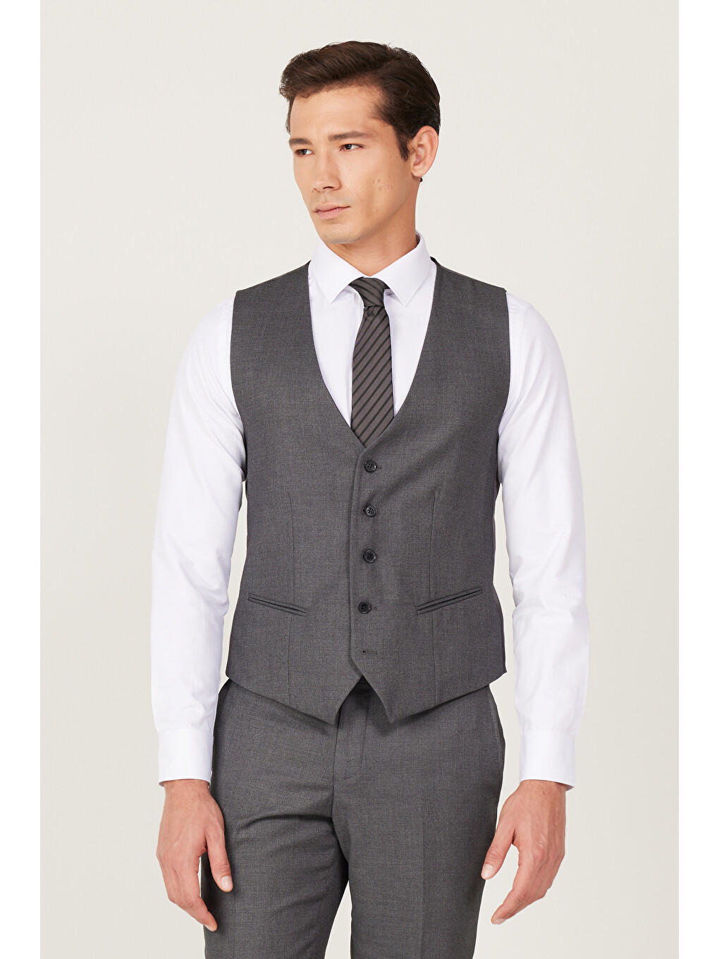 Erkek Antrasit Slim Fit Dar Kesim Mono Yaka Armürlü Yelekli Takım Elbise-3