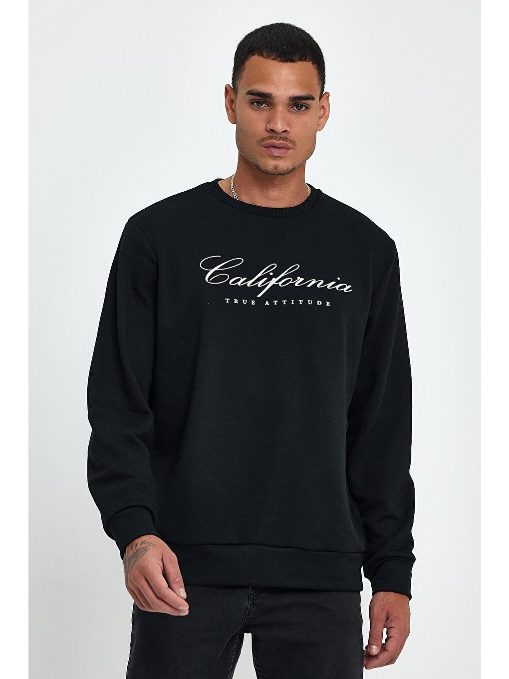 Siyah Erkek Bisiklet Yaka Regular Fit 3 İplik Kalın California Baskılı Sweatshirt spr24sw28-2