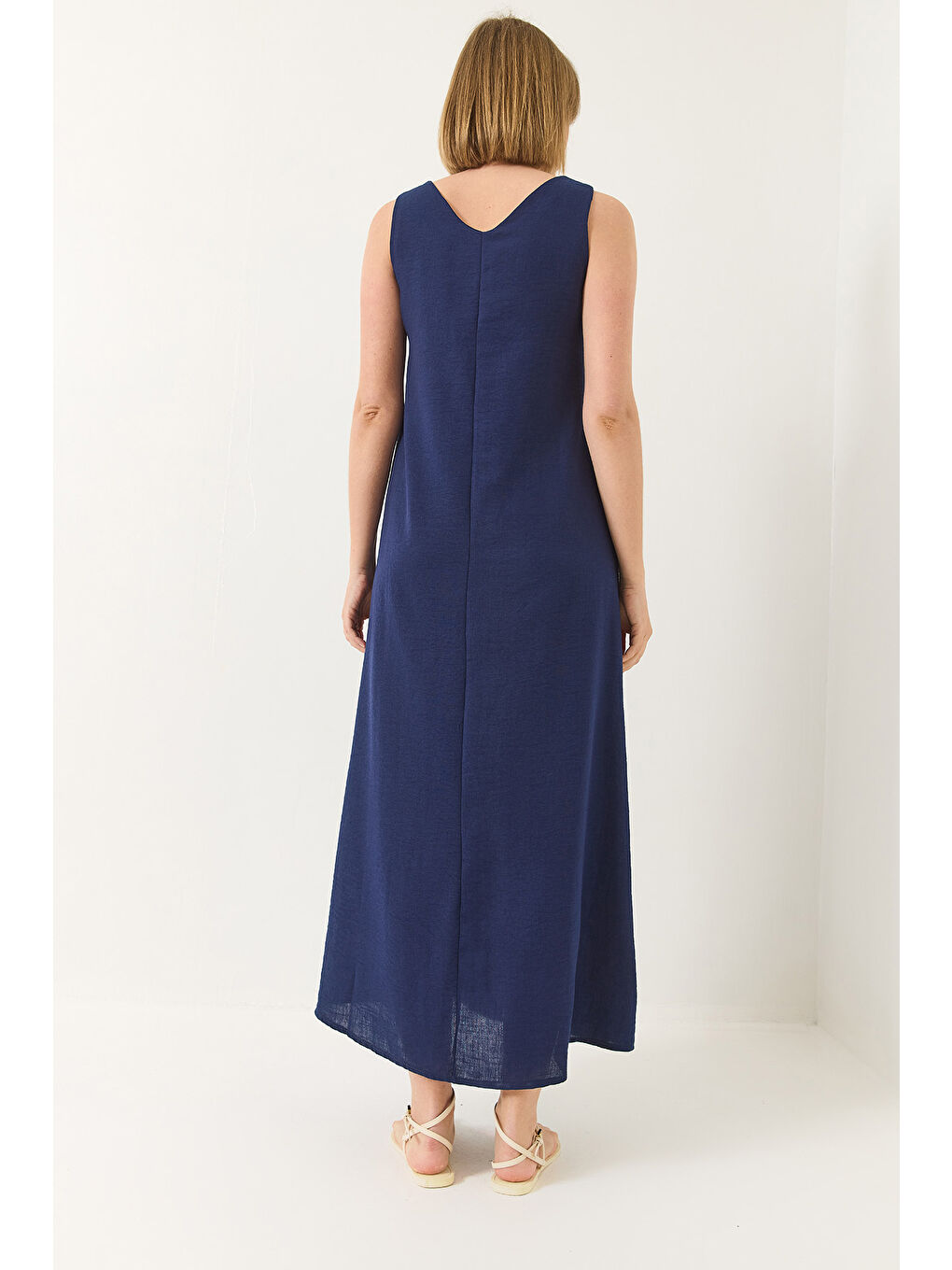 Lacivert Kadın V Yaka Kalın Askılı Uzun Keten Elbise-6