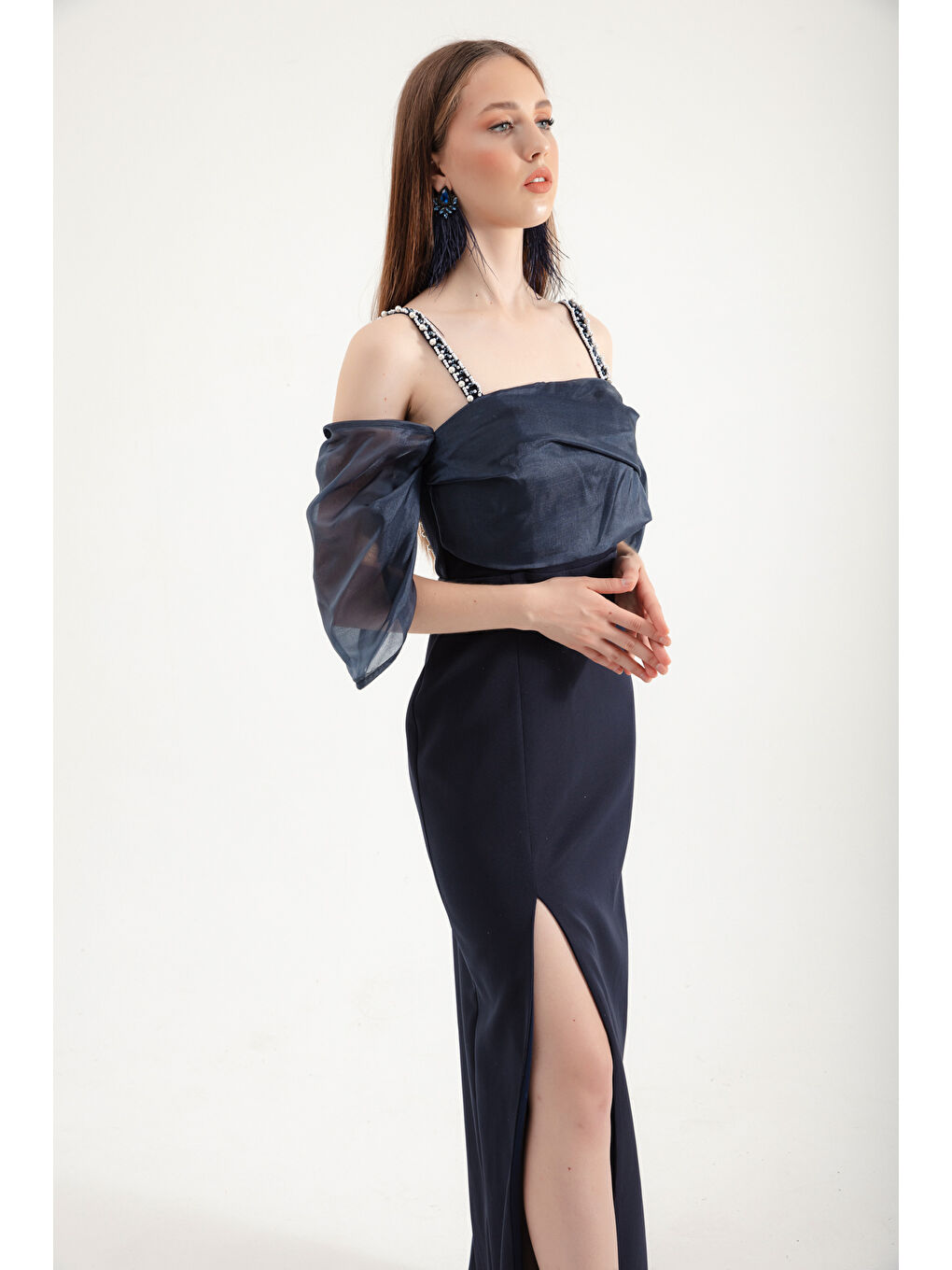 Kadın Lacivert Prenses Kol Boncuk Askılı Organze Uzun Abiye Elbise-2