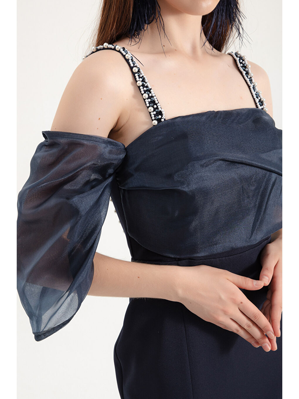 Kadın Lacivert Prenses Kol Boncuk Askılı Organze Uzun Abiye Elbise-3