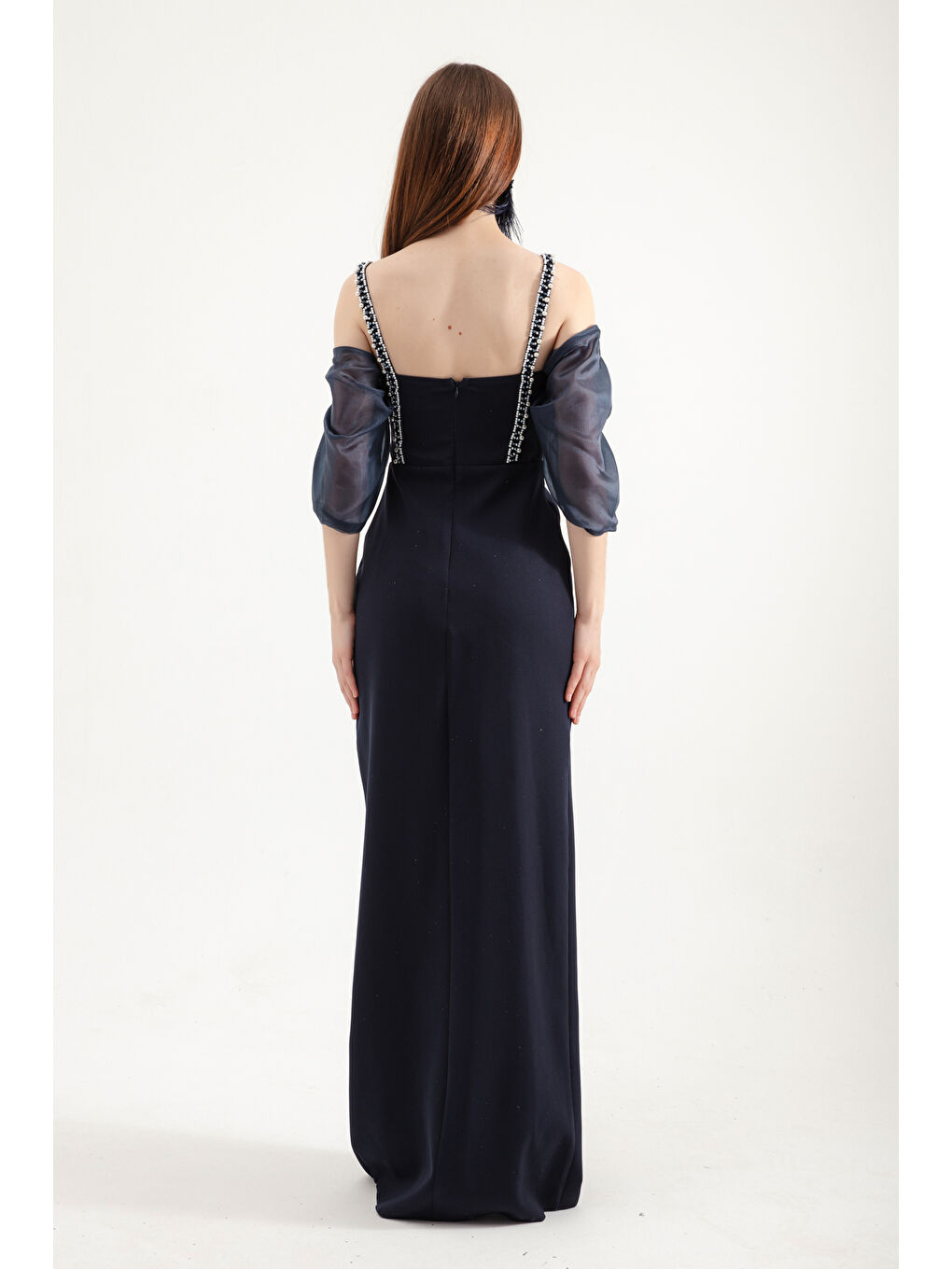 Kadın Lacivert Prenses Kol Boncuk Askılı Organze Uzun Abiye Elbise-4