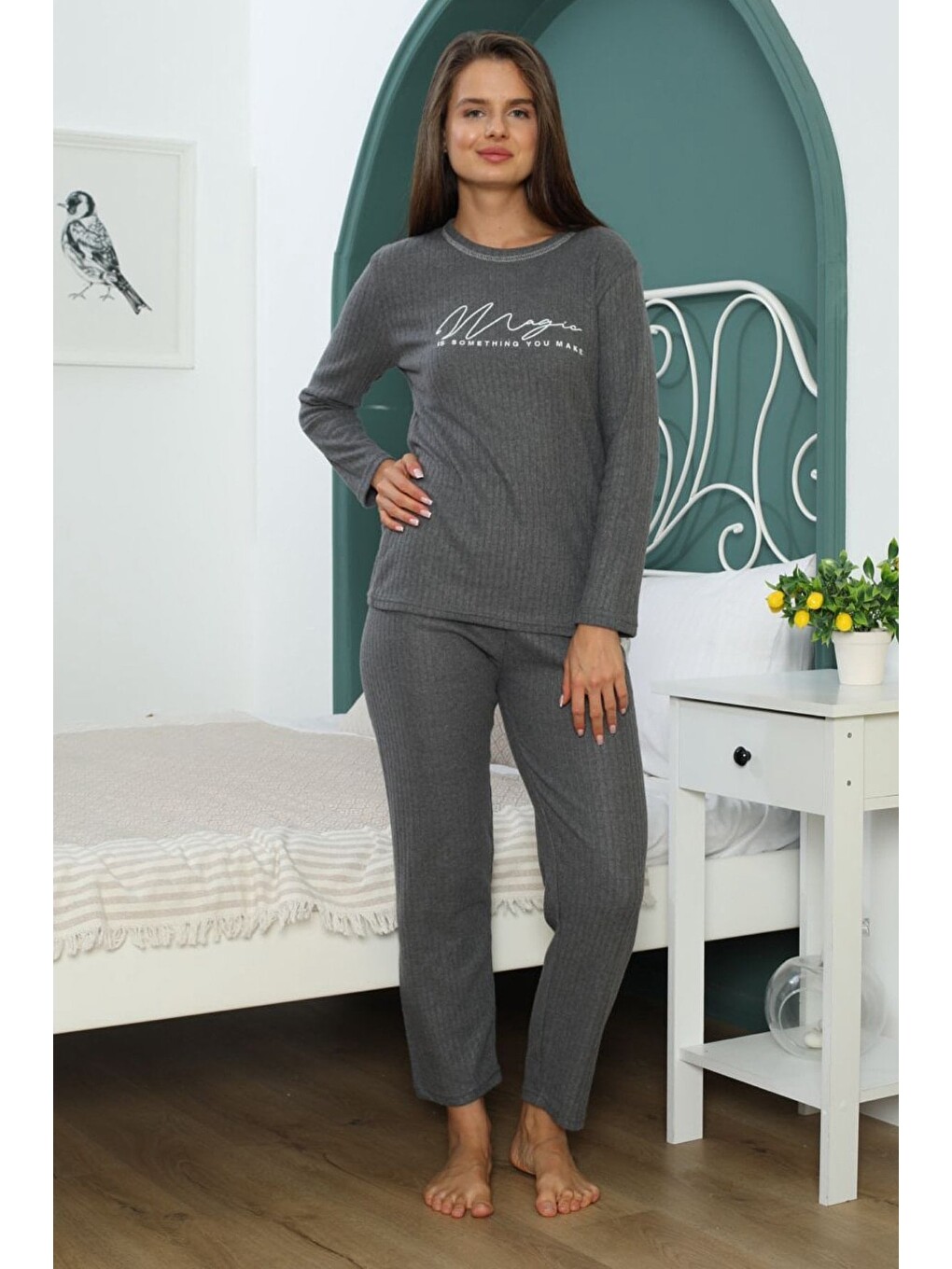 Antrasit Magic Baskılı Büyük Beden Pijama Takımı-1