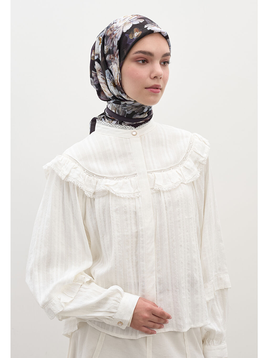 Lotus Desen Pamuklu Viskon Eşarp Mor