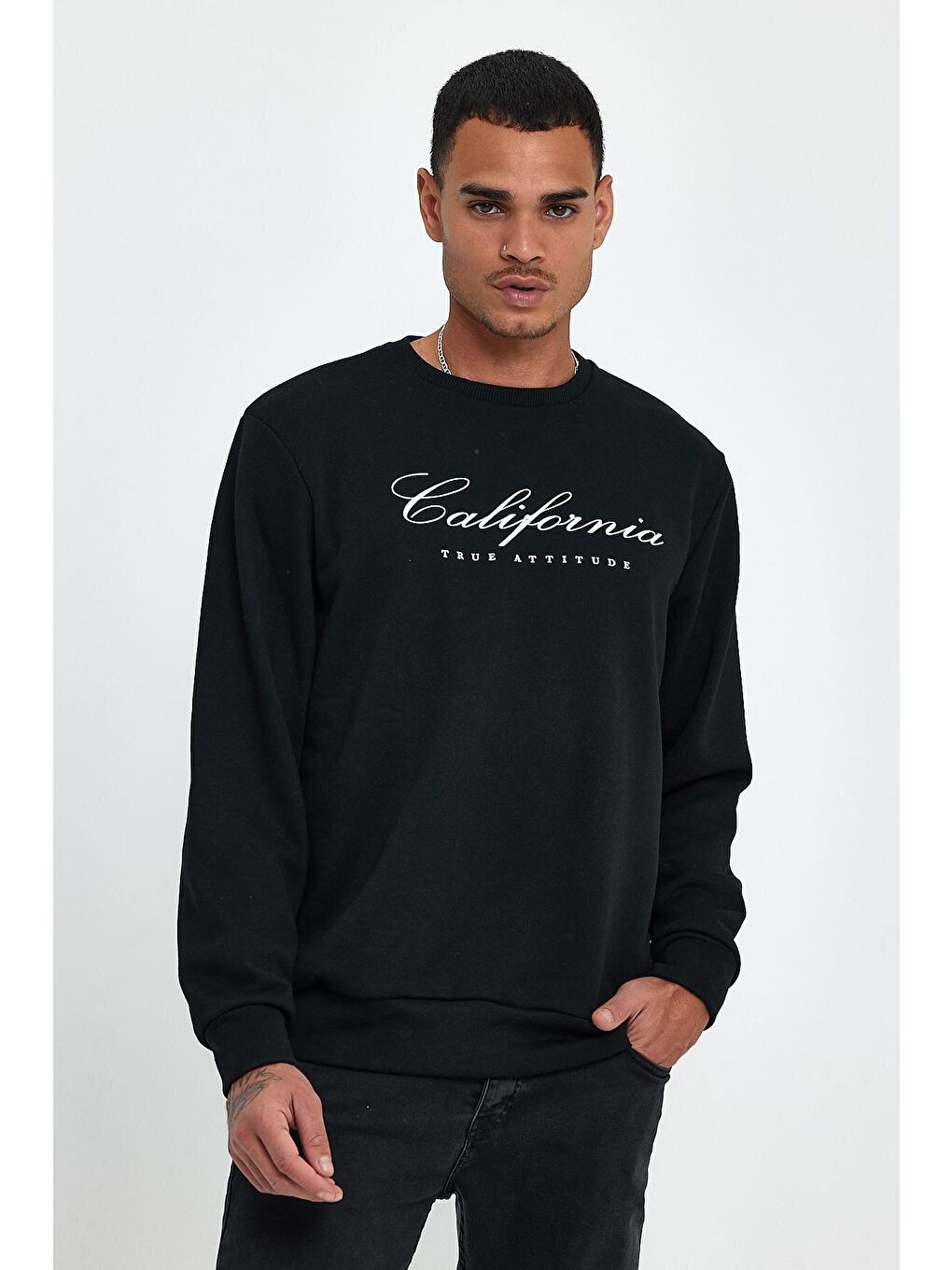 Siyah Erkek Bisiklet Yaka Regular Fit 3 İplik Kalın California Baskılı Sweatshirt spr24sw28-3