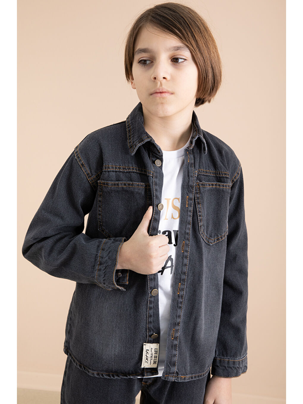 Gri Füme Düğmeli Jean Gömlekli Pantolonlu 3lü Erkek Çocuk Takım 19997-1