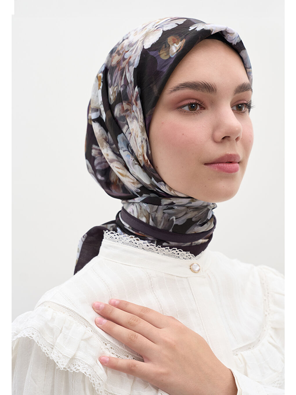 Lotus Desen Pamuklu Viskon Eşarp Mor-1