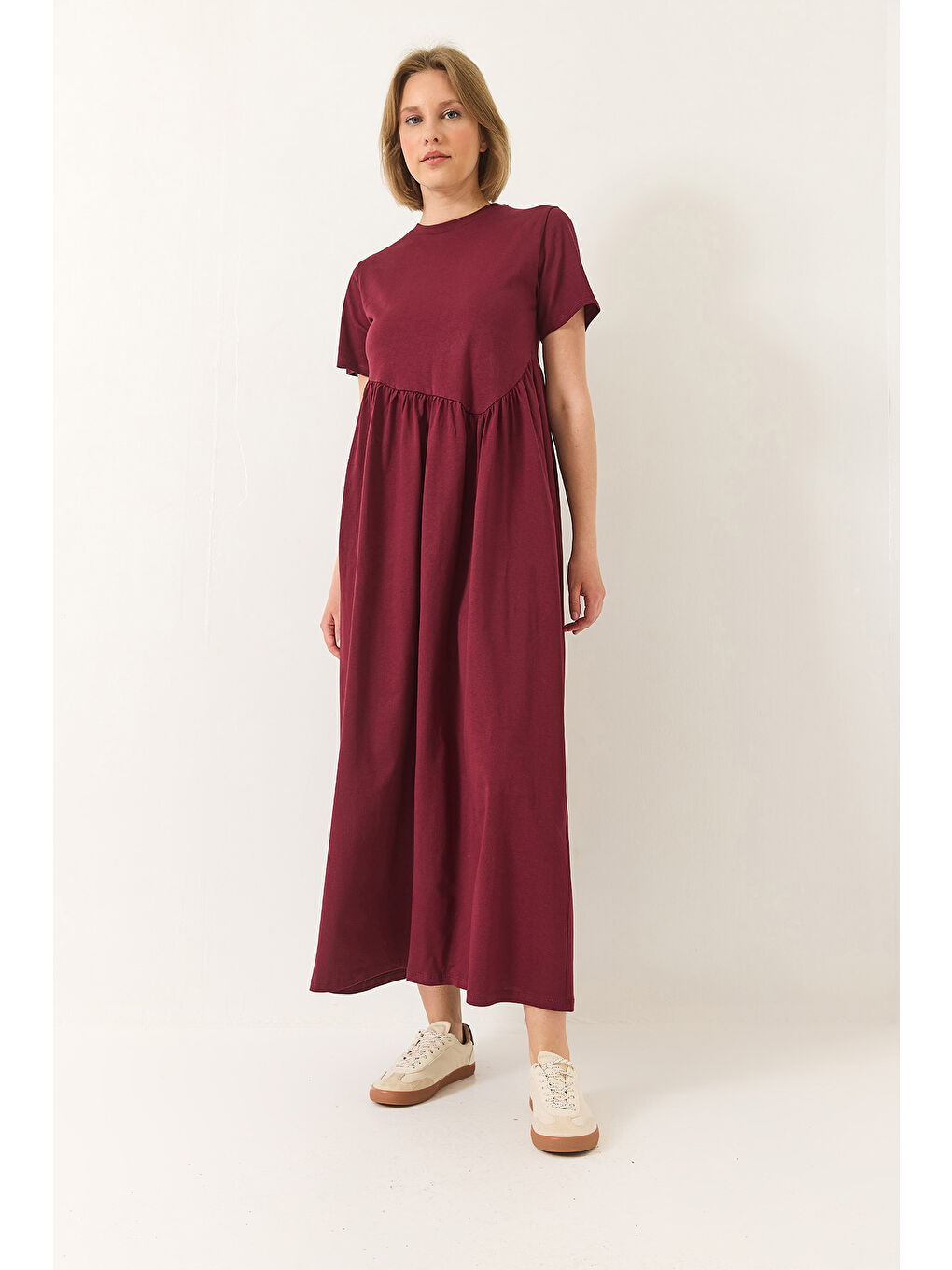 Bordo Kadın Büzgülü Uzun Örme Elbise-1