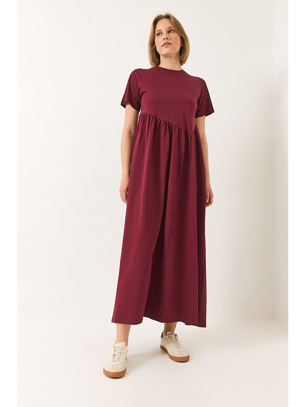 Bordo Kadın Büzgülü Uzun Örme Elbise-2