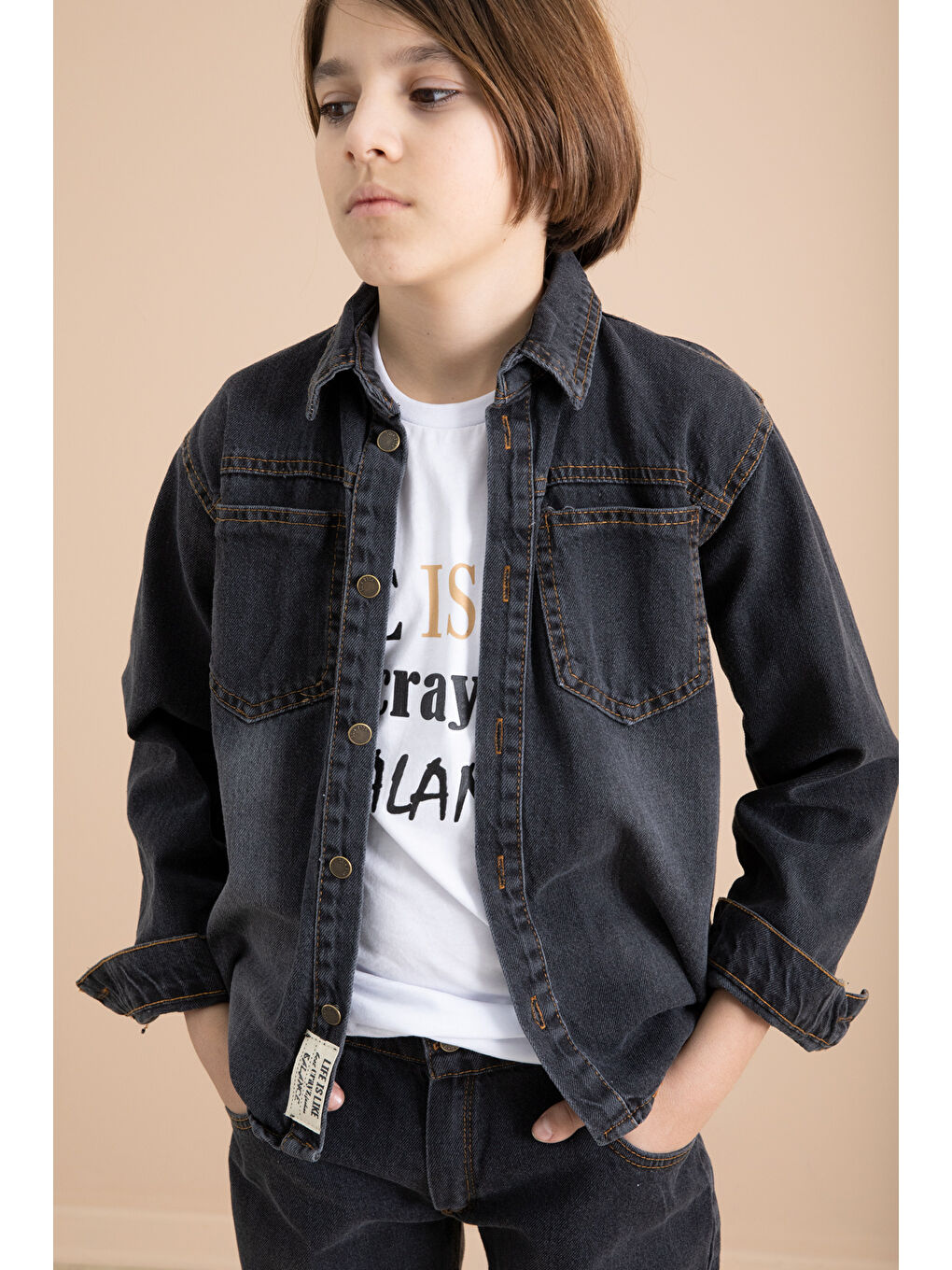 Gri Füme Düğmeli Jean Gömlekli Pantolonlu 3lü Erkek Çocuk Takım 19997-3