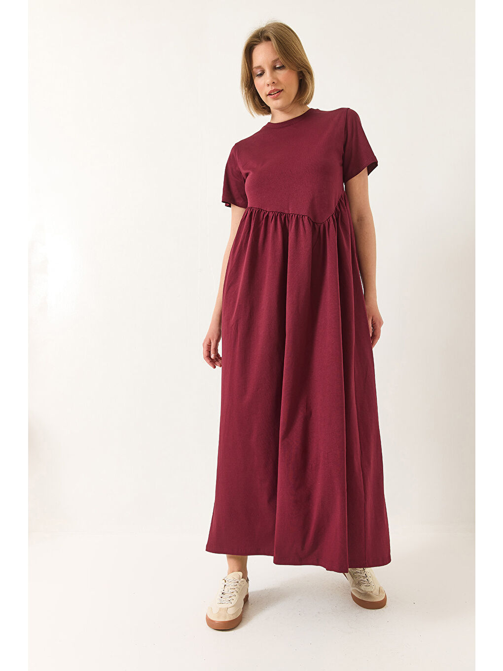 Bordo Kadın Büzgülü Uzun Örme Elbise-3