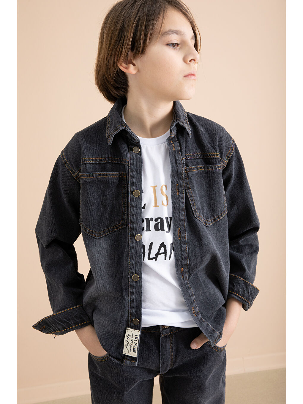 Gri Füme Düğmeli Jean Gömlekli Pantolonlu 3lü Erkek Çocuk Takım 19997-4