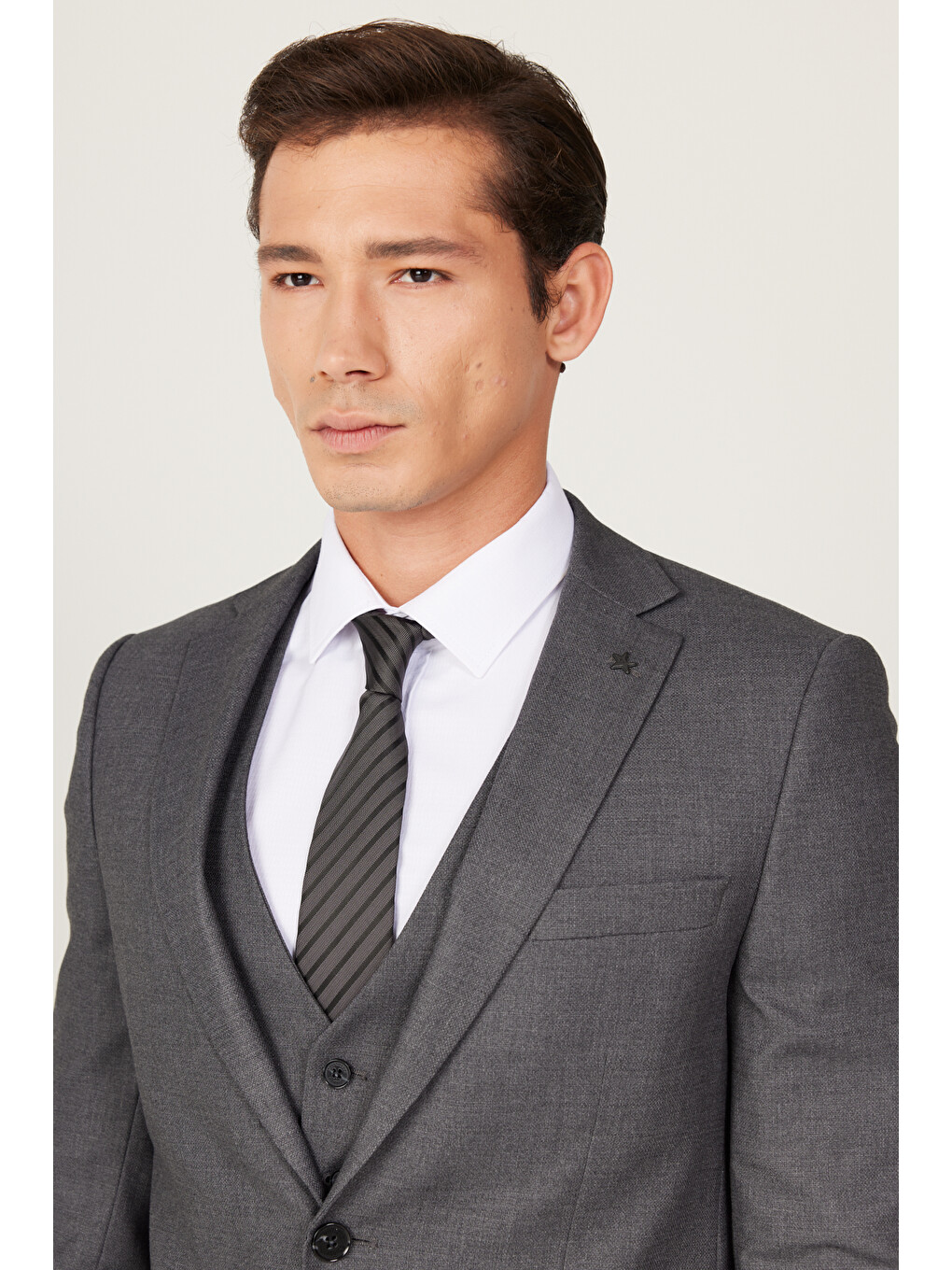 Erkek Antrasit Slim Fit Dar Kesim Mono Yaka Armürlü Yelekli Takım Elbise-6
