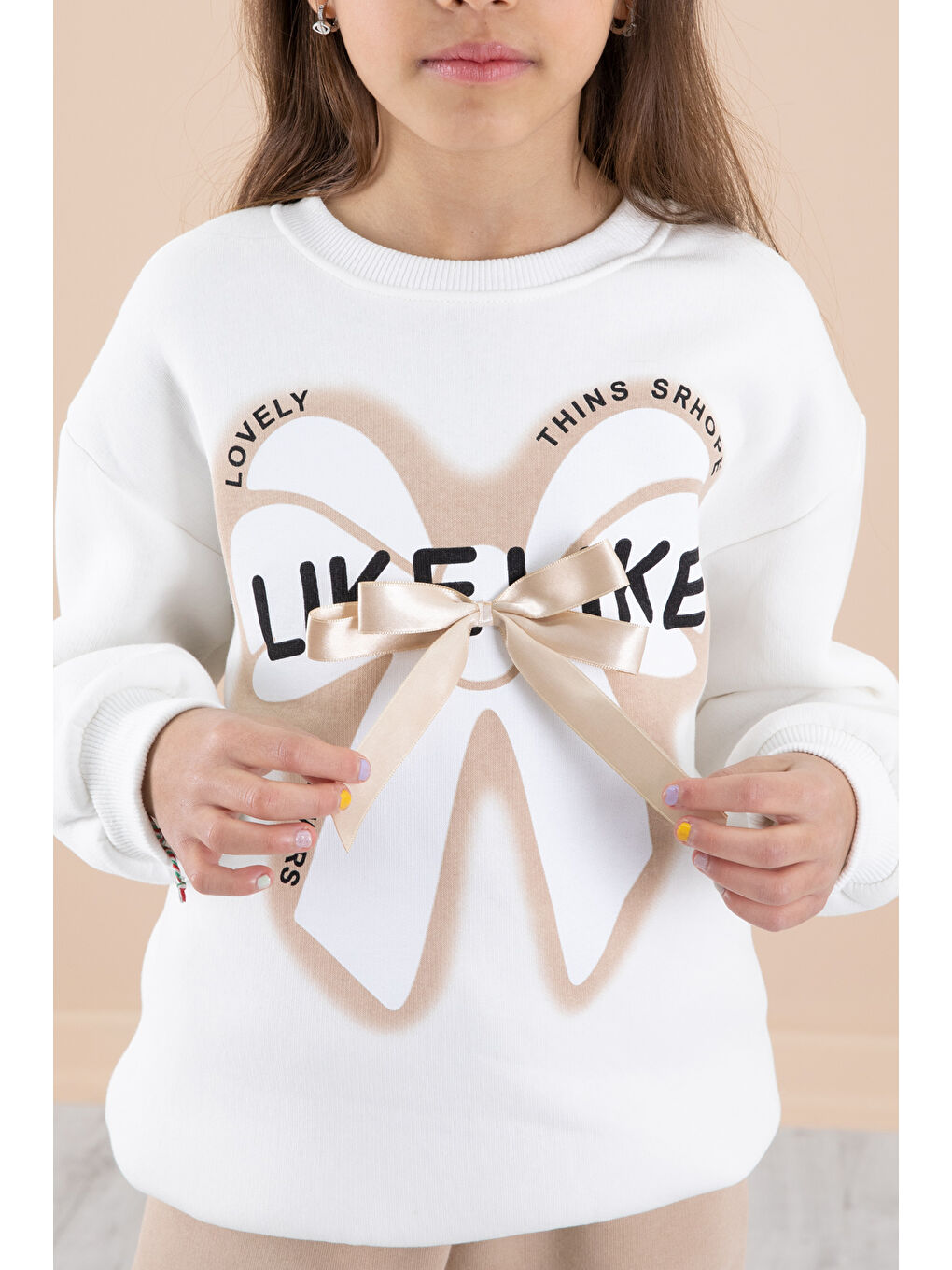 Ekru Fiyonklu Şardonlu Kız Çocuk Eşofman Takımı 20249-1