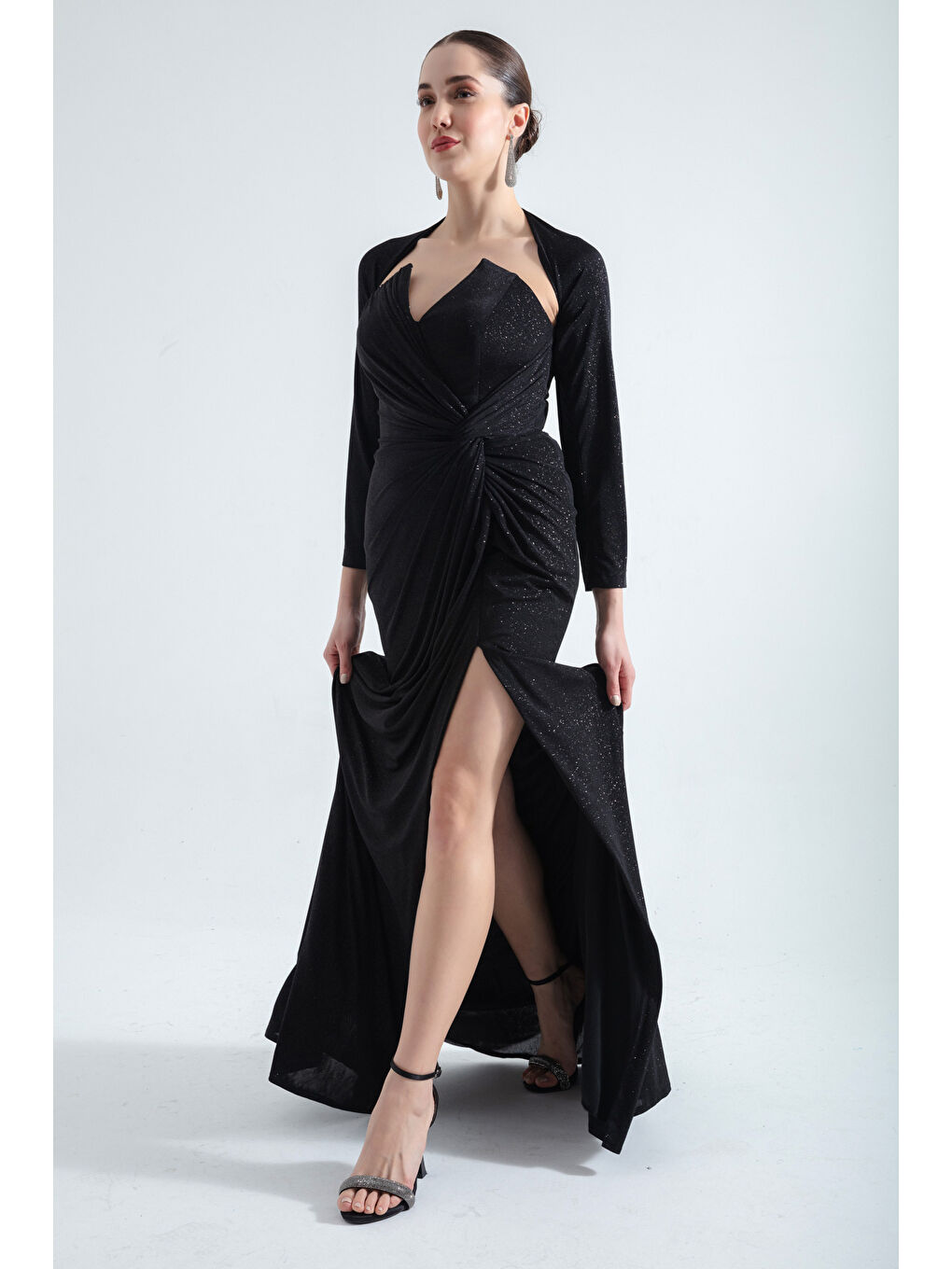 Kadın Siyah Balen Korseli Simli Uzun Abiye Elbise-3