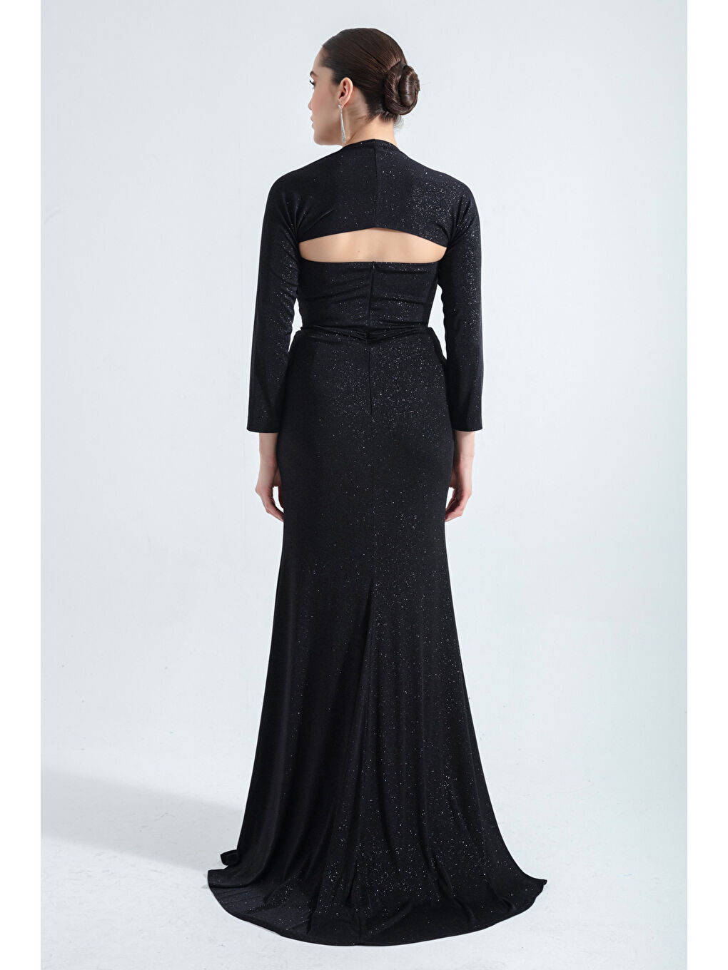 Kadın Siyah Balen Korseli Simli Uzun Abiye Elbise-4