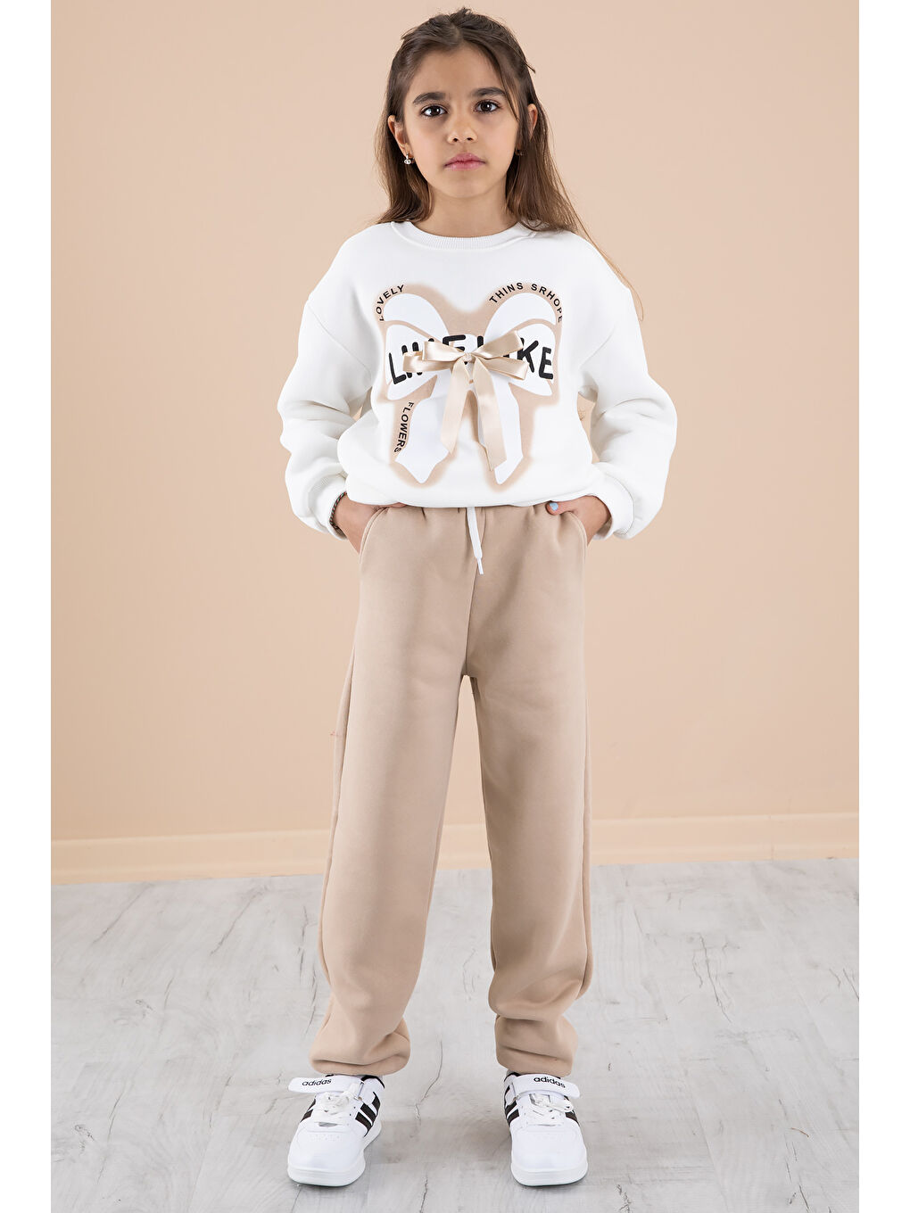 Ekru Fiyonklu Şardonlu Kız Çocuk Eşofman Takımı 20249-2