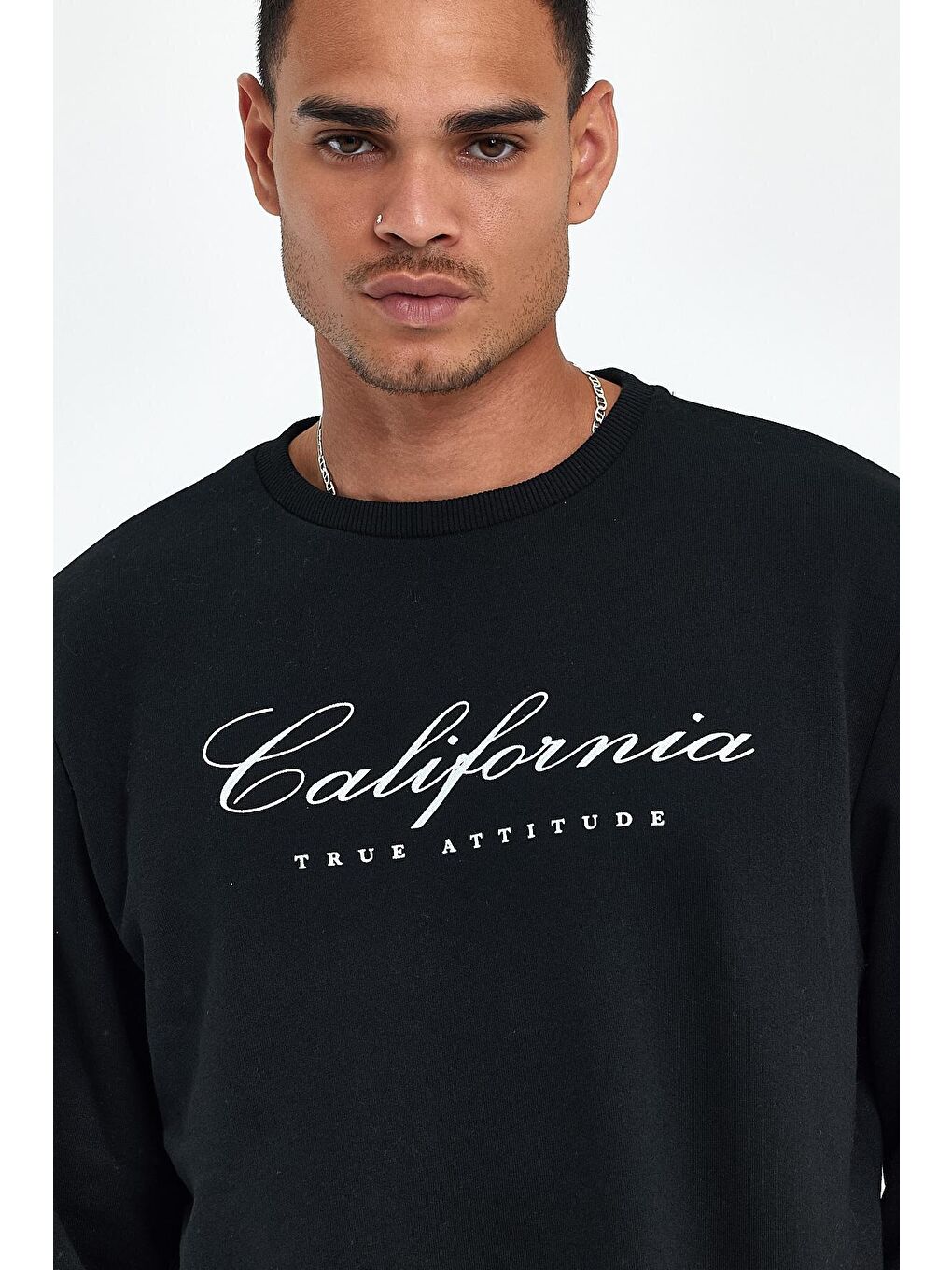 Siyah Erkek Bisiklet Yaka Regular Fit 3 İplik Kalın California Baskılı Sweatshirt spr24sw28-4