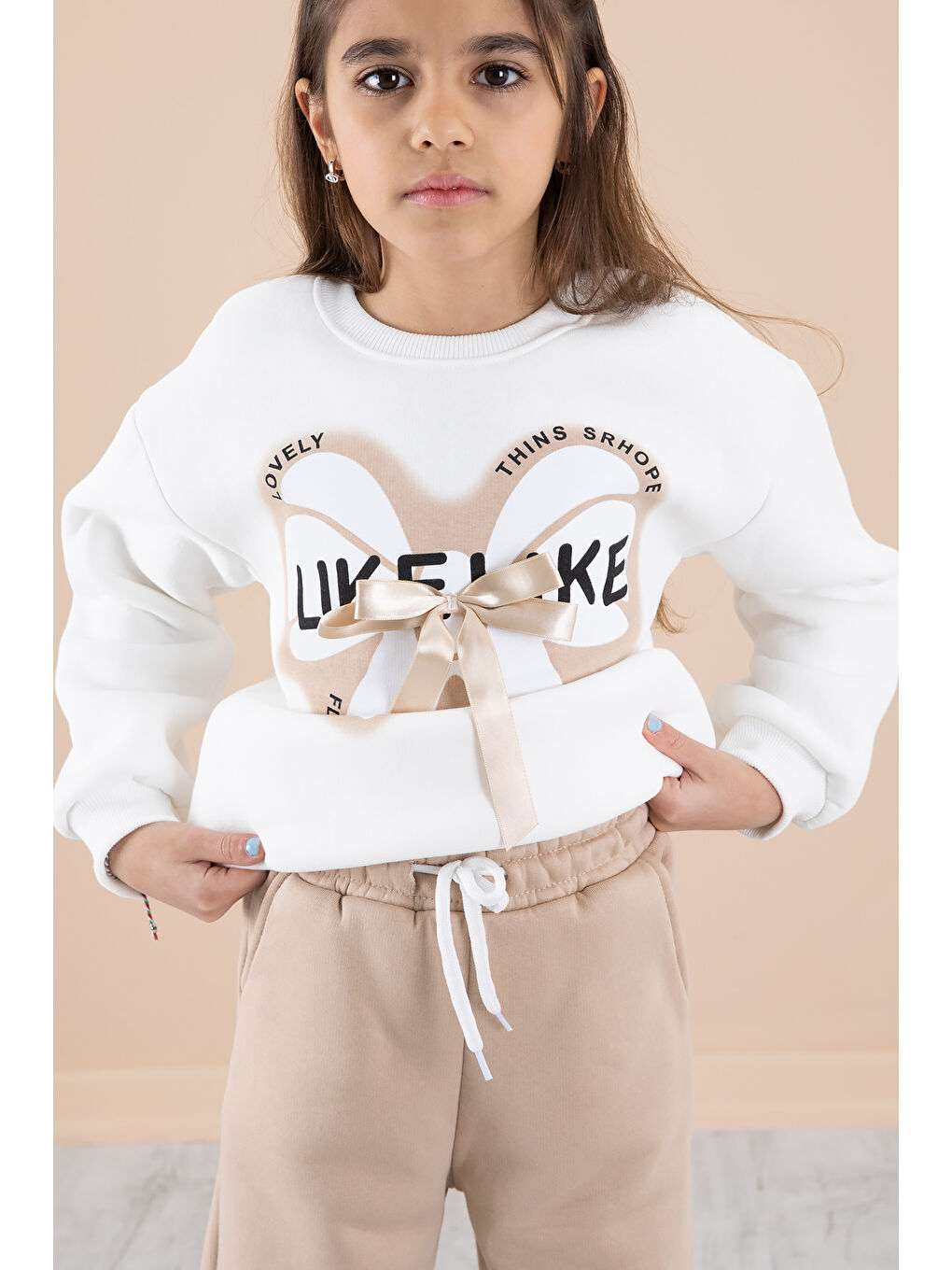 Ekru Fiyonklu Şardonlu Kız Çocuk Eşofman Takımı 20249-3