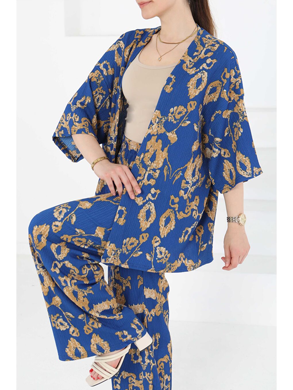 Desenli Kimono Takım Mavi - 27287