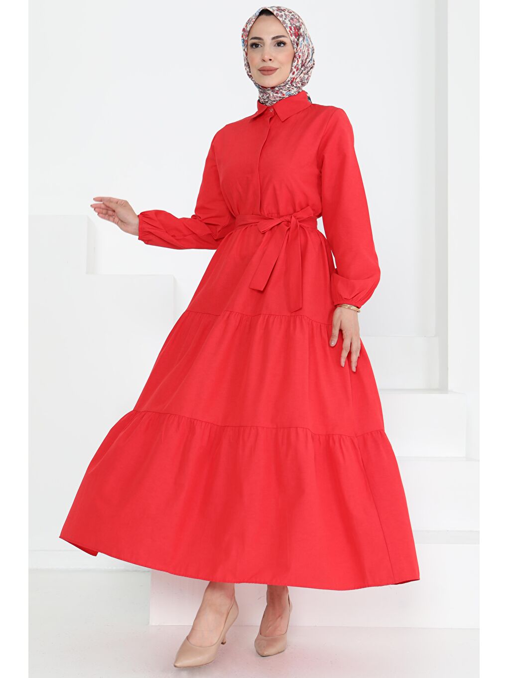 Kırmızı Kuşaklı Kat Kat Elbise Kirmizi - 27283