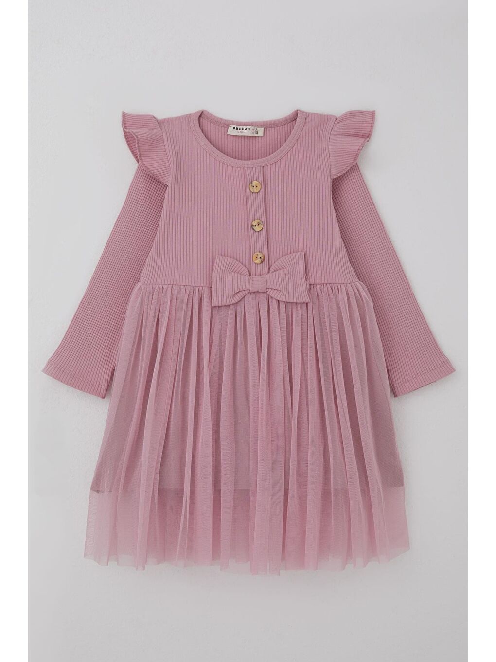 Pembe Kız Çocuk Uzun Kollu Elbise Omzu Fırfır Detaylı Fiyonklu Gülkurusu (3-8 Yaş)