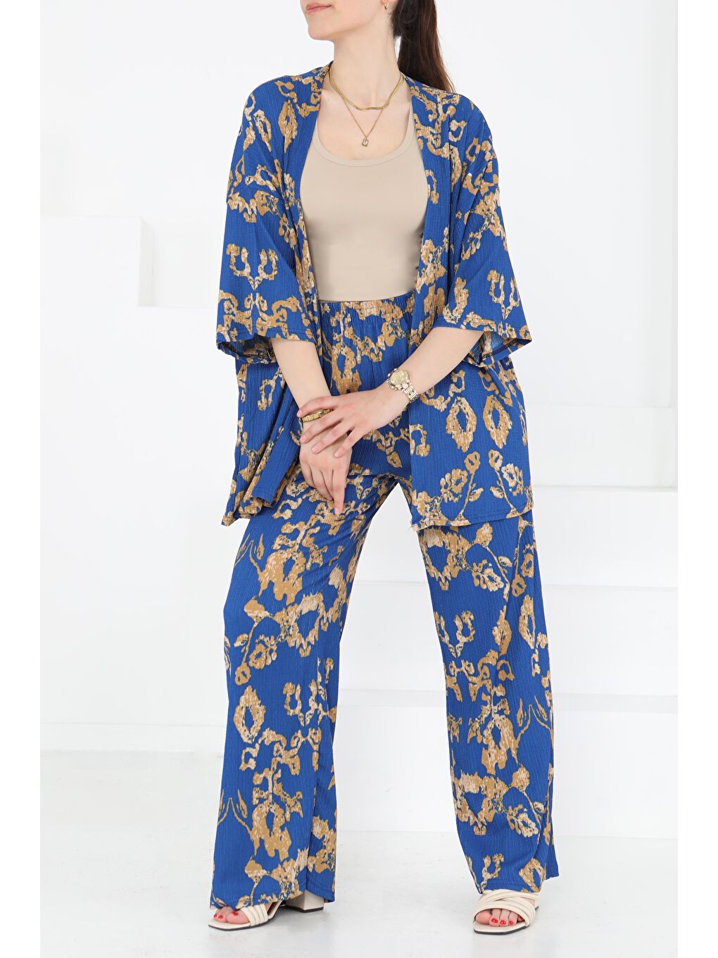 Desenli Kimono Takım Mavi - 27287-1
