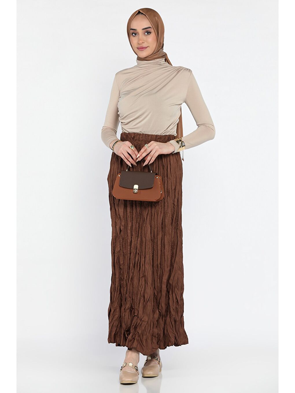 Kahverengi Kadın Bel Lastikli Kraş Tesettür Etek