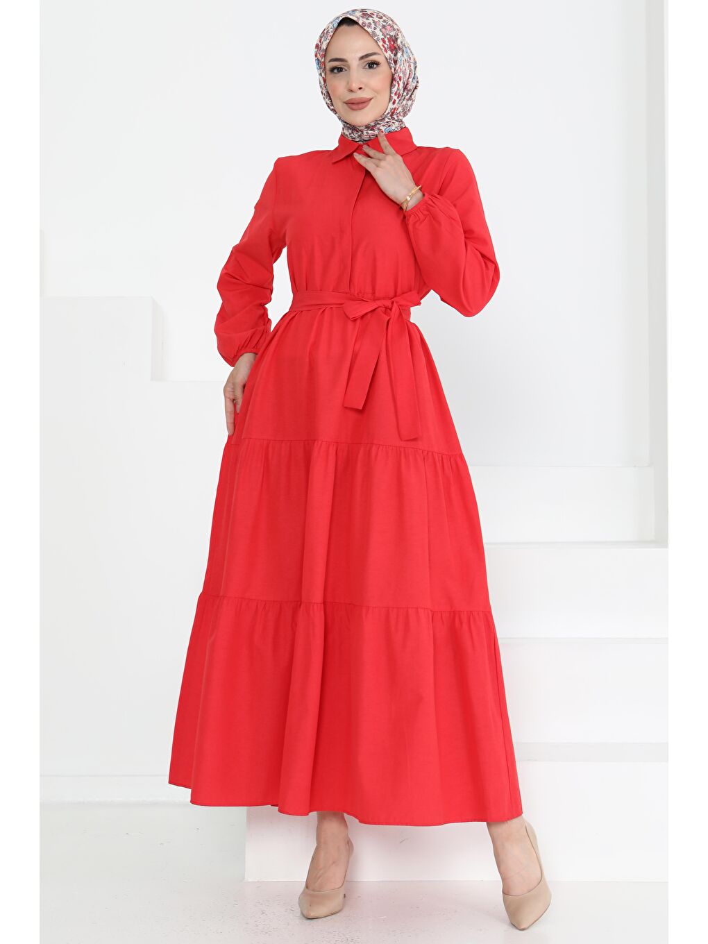 Kırmızı Kuşaklı Kat Kat Elbise Kirmizi - 27283-1