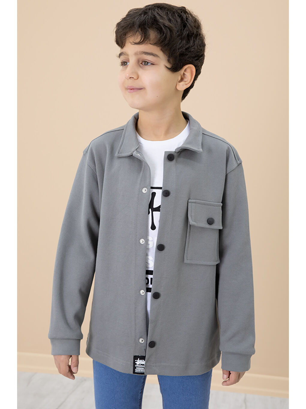 Gri Füme Yazı Baskılı Tişörtlü Gömlekli Erkek Çocuk Takım 20304