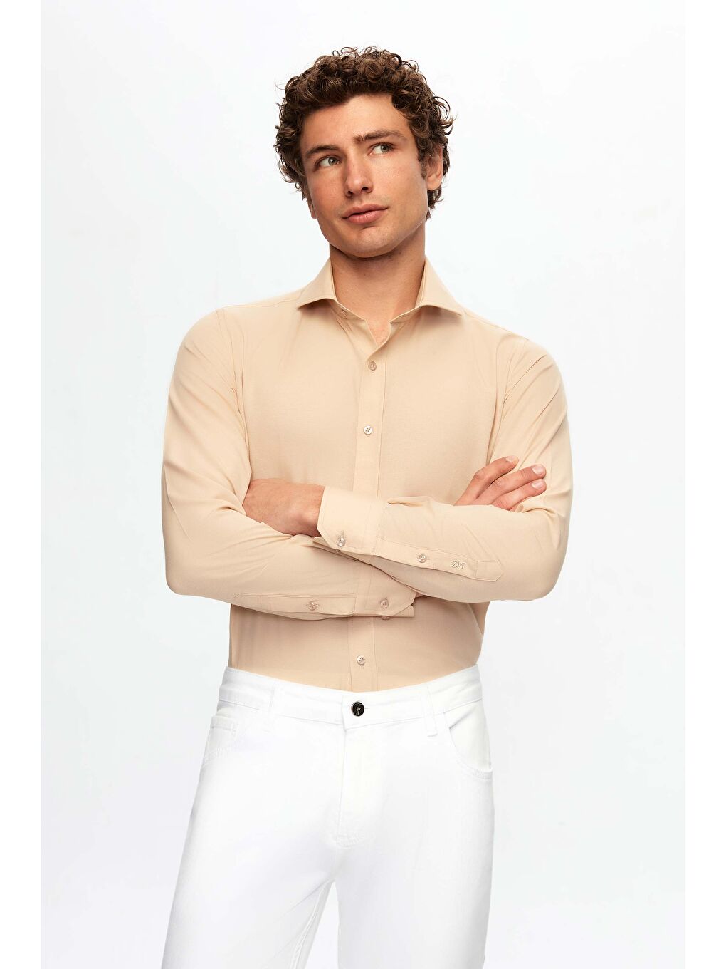 Slim Fit Bej İtalyan Yaka Dar Kesim Klasik Kravatlık Uzun Kol Kolay Ütülenebilir Gömlek-1