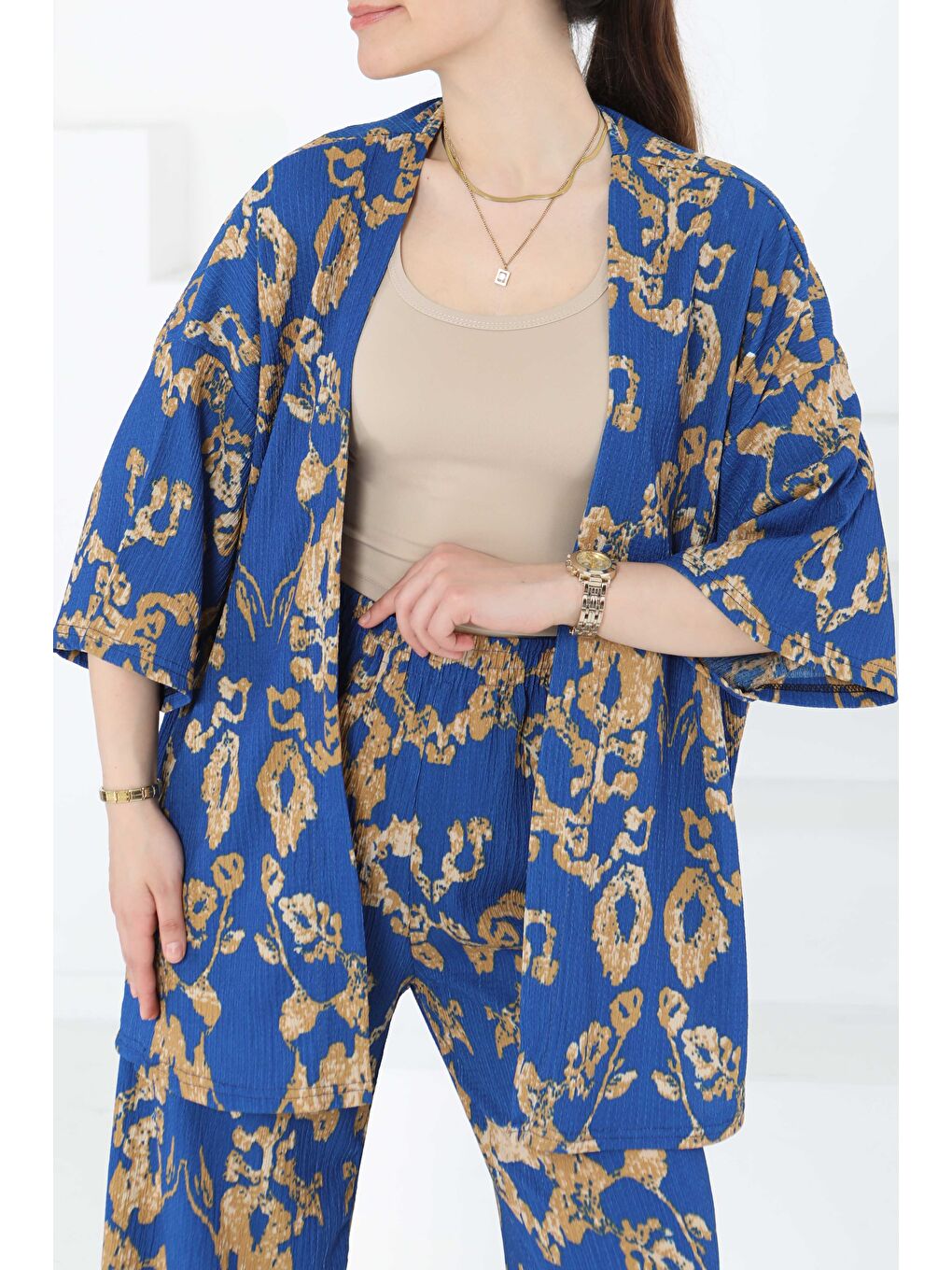 Desenli Kimono Takım Mavi - 27287-2